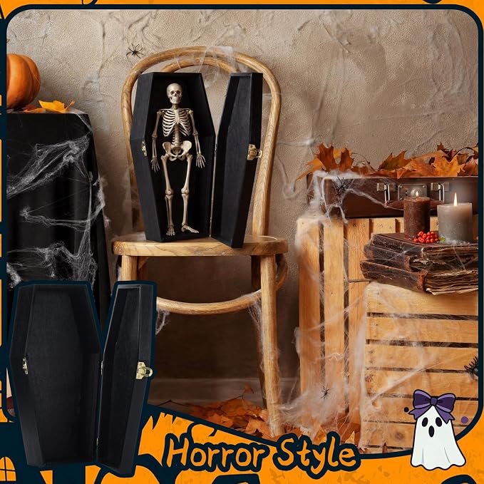 SiliFine 2 Pcs 12 Inch Halloween Coffin Box Black Painted Wood Casket Decor | Suitable Size for Halloween Decor, Fillable Hinged Jewelry Box, Party Favor, Goth Decoration, Pet Casket, Mini Black Coffin