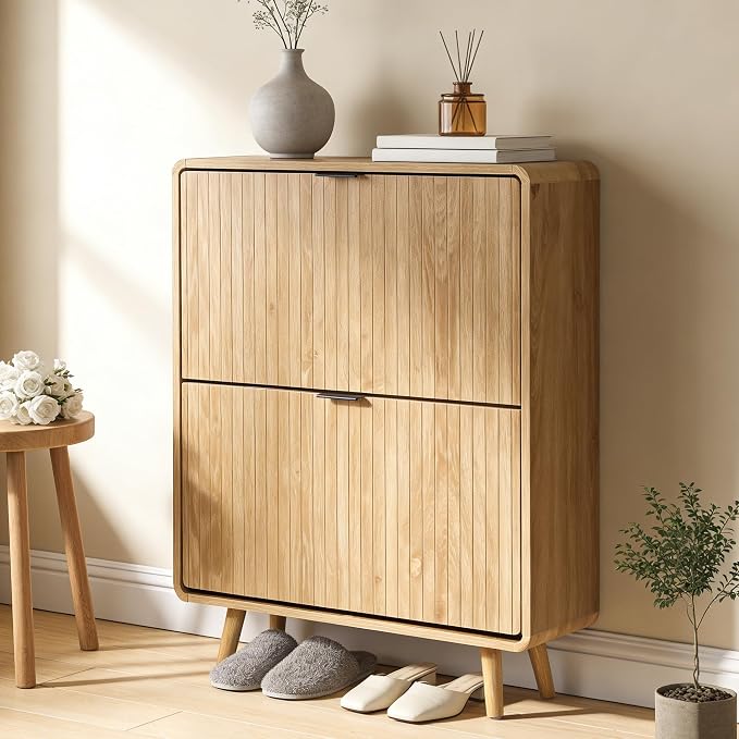 FurSch Fluted Shoe Storage Cabinet with 2 Flip Drawers | Narrow Shoe Rack Cabinet Organizer, Adjustable & Removable Shelves, for Entryway
