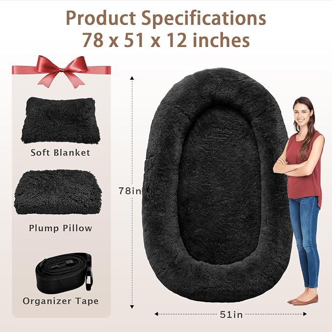 ROOMTEC Human Dog Bed, 78''x51''x12'' Size Fits Adult and Pet Washable Giant People Bed 10 CM Thick Memory Foam Large Oversize Pet Bed with Plump Pillow, Blanket, Strap - Black