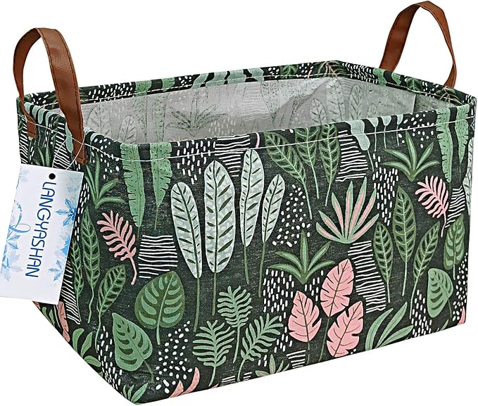 Rectangular Collapsible Full Leaf Storage Basket Nursery Organizer | Storage Bin Foldable Canvas with Handles for Organizing Home Kitchen Children Toys Office Closet Shelf Baskets