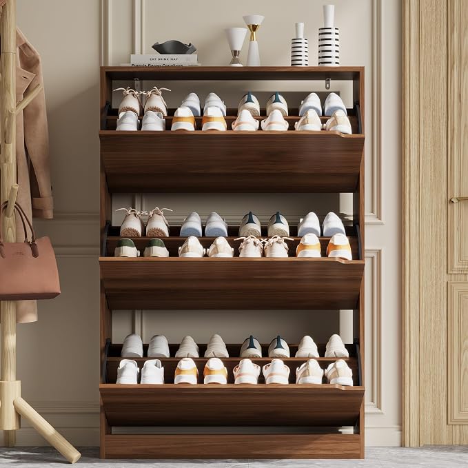 Xixini Shoe Storage Cabinet for Entryway with 3 Flip Drawers, Sturdy Wood Hidden Shoe Storage, Freestanding Narrow Slim Shoe Organizer for Front Door Entrance, Living Room, Hallway, Bedroom, Walnut