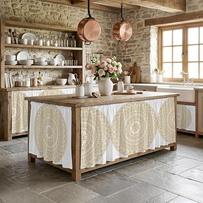 Beige Boho Cabinet Curtain 28"Wx35"L,Dustproof Under Sink Skirt W/ Self Adhesive Tape,Retro Farmhouse Ethnic Abstract Geometric Art Cabinet Curtain Cover for Bathroom Vanity,Kitchen Sink,Laundry Room