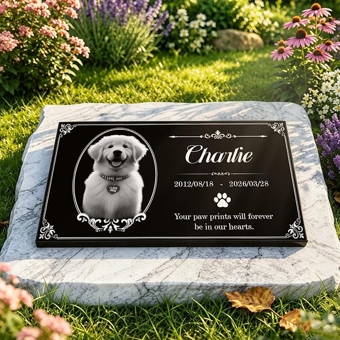Personalized Pet Memorial Stone, Custom Granite Pet Grave Marker | for Dogs & Cats , Engraved Memorial Plaque with Photo Name Dates & Message, Indoor Outdoor Garden or Tabletop Display