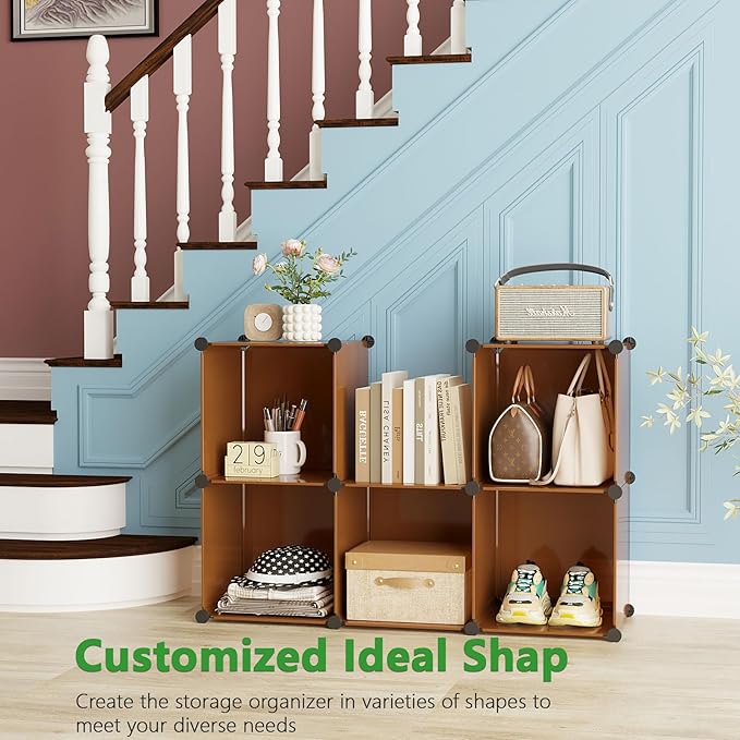 C&AHOME 6-Cube Storage Organizer Cube Shelf Closet Storage Bookcase, Brown | Stackable Cubby Storage, Bookshelf, Portable Plastic Storage Closet Organizer, DIY Modular Shelving Units for Home, Wardrobe