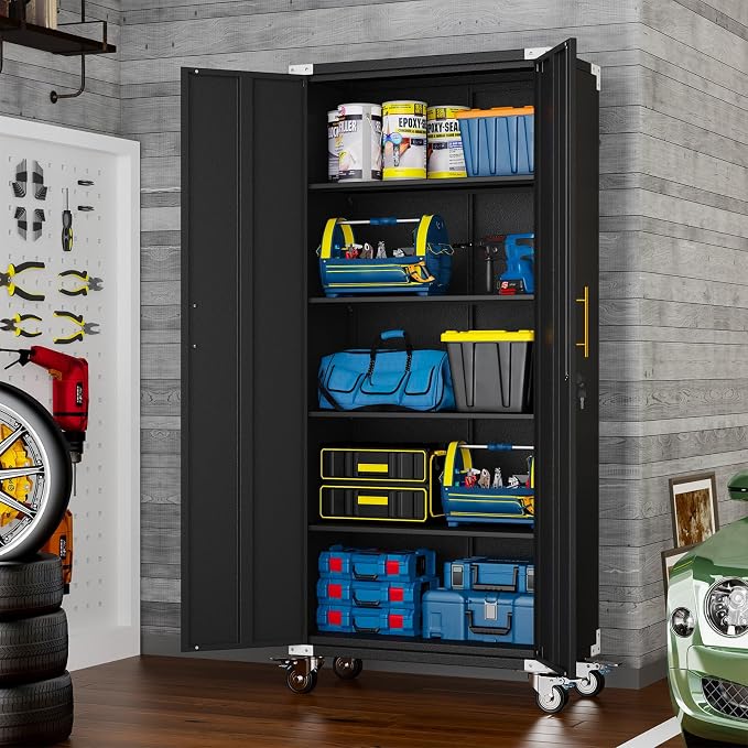 pozdeg 71" Tall Metal Rolling Garage Storage Cabinet with Lock & Wheels ﻿