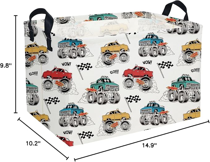 Essme Rectangular Monster Truck Baskets, Car Storage Bins with Handles for Car Decor, Racing Storage Bin（Monster truck）