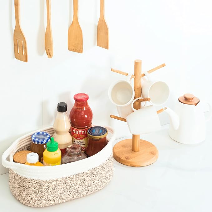 5-Piece Small Decorative Woven Storage Baskets Set for Shelves, Bathroom, Pantry and Nightstand Organizer, Catch All Tray for Organizing Gifts, Dog and Cat Toys, Light Brown