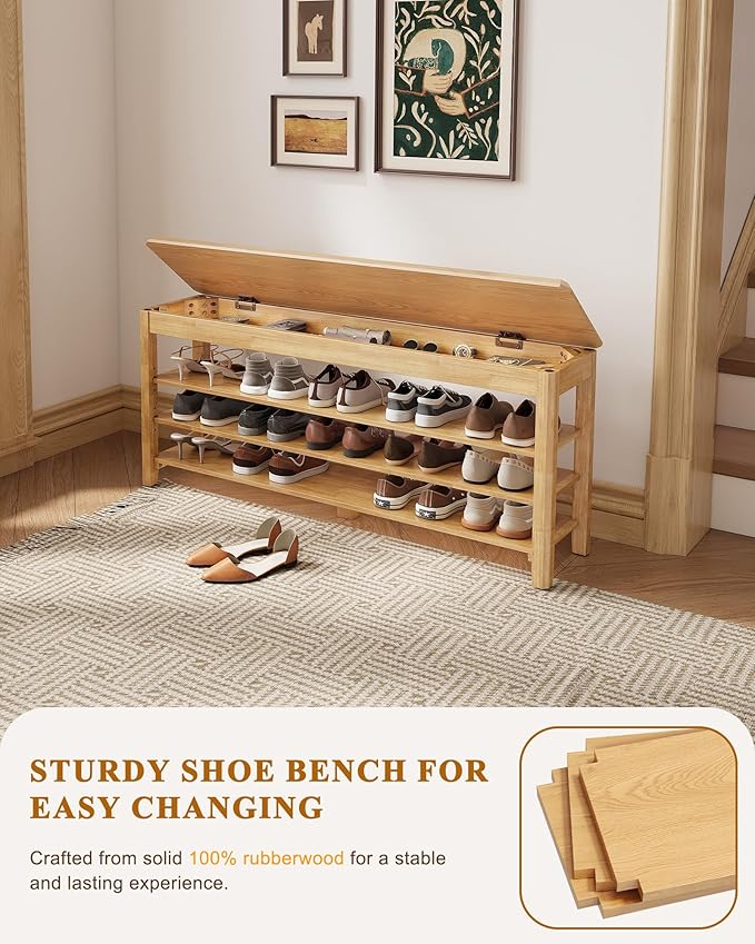 IUNVR Shoe Rack Bench Seat Rubberwood 3-Tier Wooden Storage Bench 550lbs Compact Mid-Century Modern Design for Entryway, Hallway, Closet, Front Door Entrance, Foyer