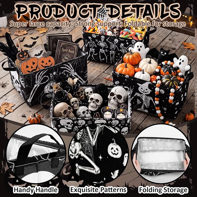 4 Pcs Halloween Storage Basket for Gifts Large Spooky Skeleton Storage Bins with Handles 15 x 10 x 8 Fabric Laundry Baskets Halloween Skull Collapsible Organizer Boxes for Home Cloth Toys Book