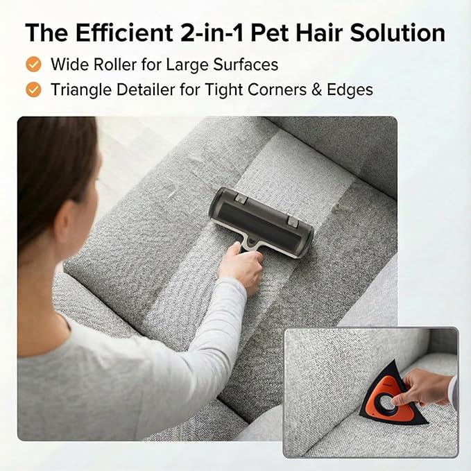 Pet Hair Remover Roller & Triangle Detailer - Reusable Dog/Cat Hair Remover for Couch, Carpet, Furniture & Car - Portable Multi-Surface Pet Fur Removal Tool