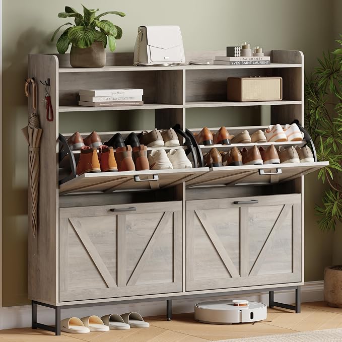 Xixini Shoe Storage Cabinet with 4 Flip Drawers, Entryway Shoe Rack, Grey | Freestanding Narrow Shoe Storage, Hidden Slim Wood Shoe Organizer, Modern Farmhouse, Open Storage & Hooks for Closet, Hallway