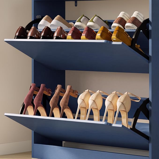 BORNOON Shoe Cabinet with 2 Flip Drawers, Slim Narrow Shoe Storage Cabinet, Freestanding Shoe Organizer with Adjustable & Removable Shelves, Top Display Shelf for Entryway, Hallway, Foyer, Closet