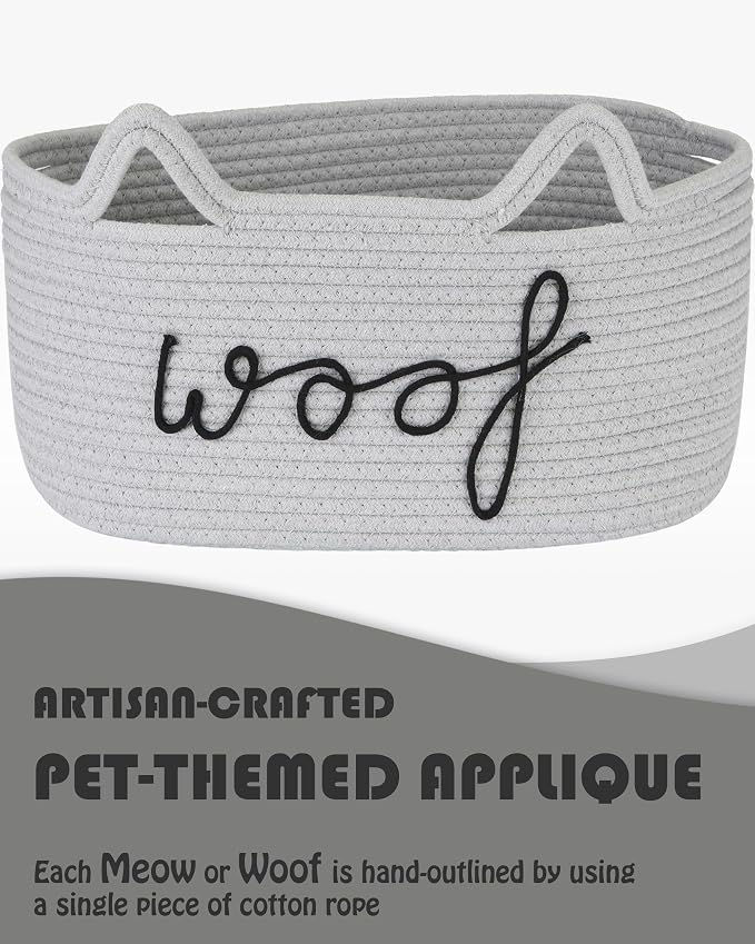 Sea Team Dog Toy Storage Basket with Handles and Ears, Gray Woof | Large Cotton Rope Storage Bin, Shelf Basket, Organizer for Pet Chew Toys, Foods, 16.5 x 11 x 7 Inches, 4.4 Gallons