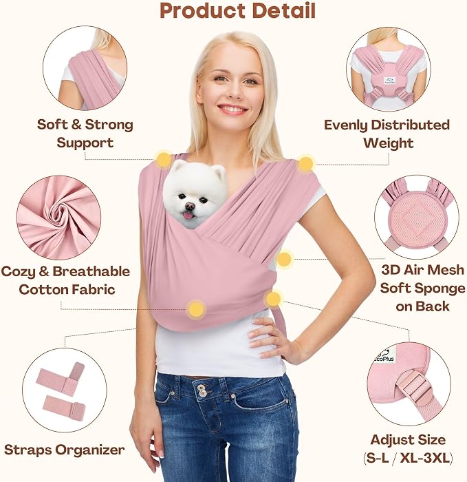 AnccoPlus Small Dog Sling Carrier, Hands-Free, Light Pink, Regular | Patented Front Carrier Reduces Back and Neck Strain; Adjustable, Soft Cotton, 3D Air Mesh for Puppies & Cats up to 20 lb