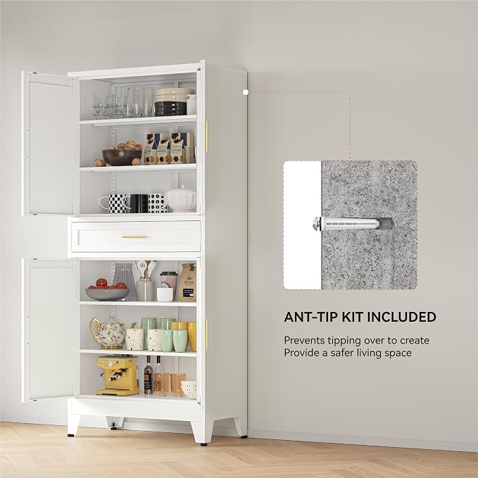 YAUWOH 71''Tall Kitchen Pantry Cabinet with Drawer,6-Tiers Metal Pantry Storage Cabinet with 4 Adjustable Shelves and 4 Barn Doors, Freestanding Farmhouse Food Cupboard for Dining Room (1PC,White)