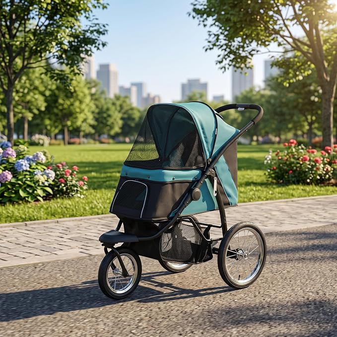 PawHut 3 Wheels Pet Stroller Foldable Jogger for Medium Dogs Dark Green | Adjustable Canopy, Safety Tether, Cushion, Storage Basket, Portable for Meidum Dogs and Cats
