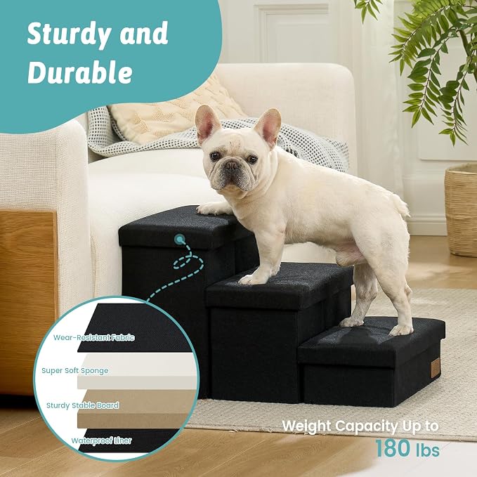 Dog Stairs with Storage, 3-Step Wider Sturdy Dog Steps for Small/Medium/Large Dogs and Older Cats, Folding Doggie Ramp for Bed/Couch/Car Hold Up to 180 lbs (16.7" H, Black)