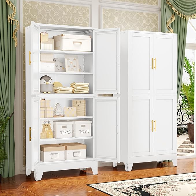 GAIOUS 75.2" Tall Metal Pantry Cabinet,White Kitchen Pantry Storage Cabinet | with 4 Doors and 4 Adjustable Shelves, Steel Storage Cabinets, Freestanding Cupboard for Kitchen Dining Living Room Bathroom