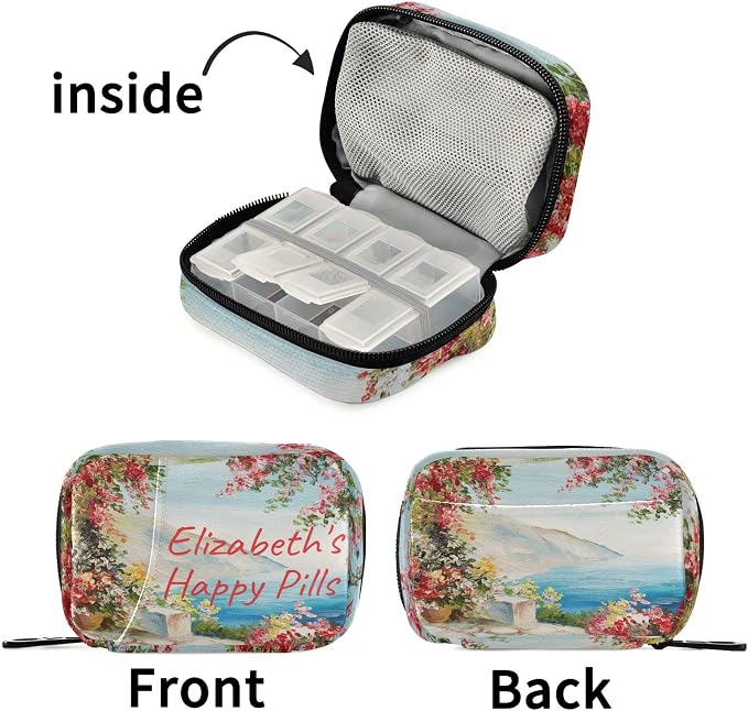 Custom Pill Box 7 Day Pill Case Bag Oil Painting Sea Flowers Personalized Name Travel Pill Organizer Bag with Zipper Portable Weekly Case Compact Size for Vitamin Supplement Holder