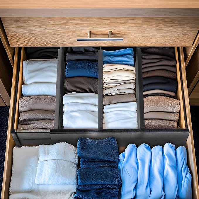 Utoplike Bamboo Drawer Dividers Large, 4" High Kitchen Drawers Organizers | For Utensils, Clothing，Spring Loaded, Works in Bathroom, Dresser, Desk, 4 PCS, Black, Fit for 18.6" to 20.6" Inner Drawer