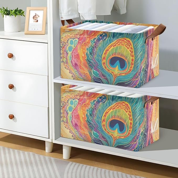 Colorful Boho Peacock Feather Storage Bins for Shelves with Labels&Handles Fabric Organizer Bin Foldable Rectangle Storage Basket Boxes for Closet, Bathroom, Home, Living Room