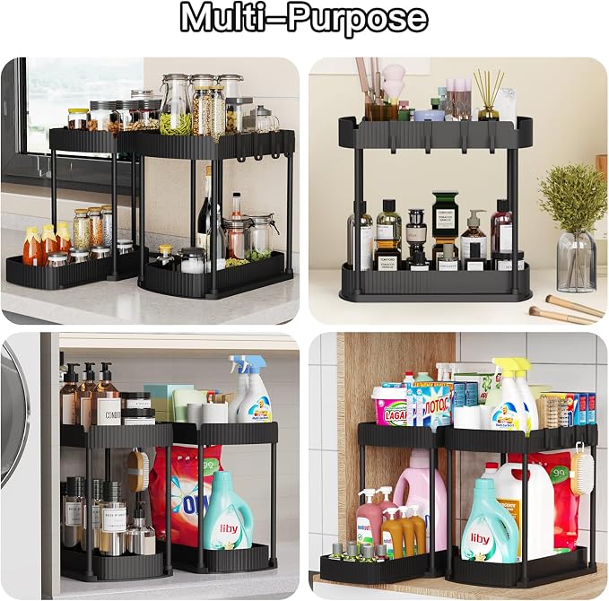 2 Packs Under Sink Pull-Out Storage Organizers, 14.8 Inches, Black | Multi-Purpose Cabinet Organizers and Storage for Bathroom & Kitchen