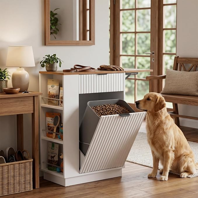 10 Gallon Tilt-Out Trash Can Cabinet with Drop Leaf, Drawer & Side Shelves.