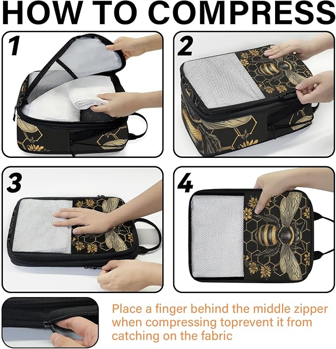 TropicalLife Bee Honeycomb 6 Set Compression Packing Cubes | Vintage Golden Flower Travel Accessories Expandable Packing Organizers Space Saver Bags for Organizing Clothes