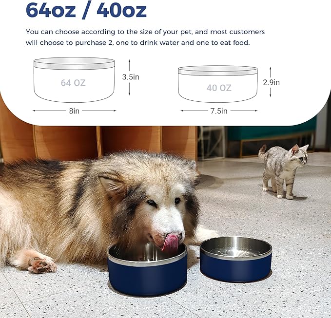 WENBOKMIN Dog Bowl, Stainless Steel Dog Food and Water Bowl with Non Slip Quiet Bottom, Easy to Clean, Dishwasher Safe, 64oz, Blue