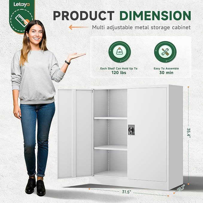 Metal Storage Cabinets with Lock Door,2 Adjustable Shelves Organizer Steel Storage Cabinets for Home,Office,Warehouse,Garage,Employee Lockers(White)
