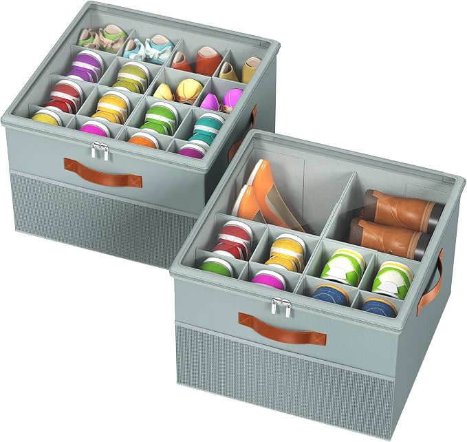 Shoe Organizer for Closet,2 Pack Foldable Shoe Storage Organizer Box Bin with Adjustable Dividers and Clear Cover, Fits up to 16-32 Pairs（Grey）