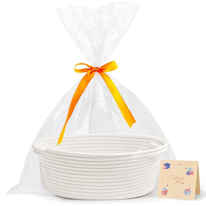 Pro Goleem Small Woven Basket with Gift Bags and Ribbons Durable Baskets for Gifts Empty Small Rope Basket for Storage 12"X 8" X 5" Baby Toy Bin with Handles, White