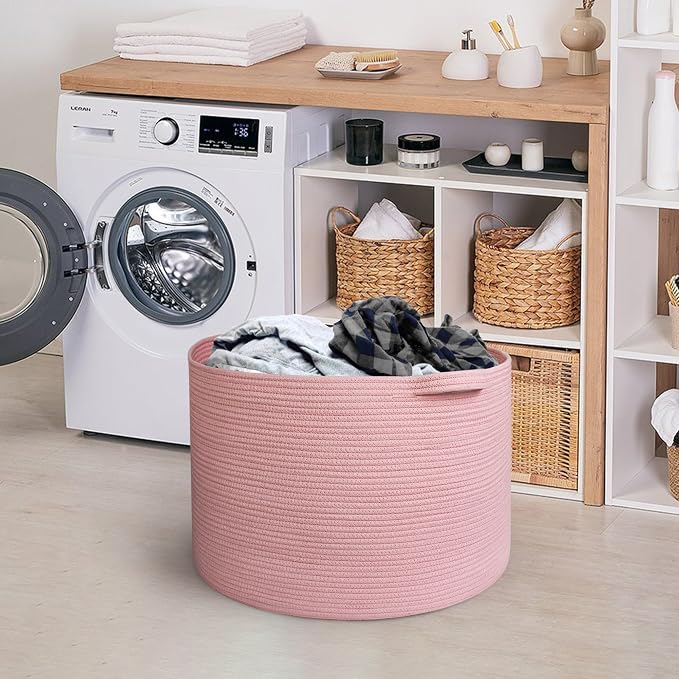 Extra Large Pink Basket, 22"x22"x14" Woven Cotton Rope Bin with Handles, Blanket Storage for Living Room, Baby Kids Toy Storage Bin Box, Wicker Laundry Basket, Pink Room Decor Organizing