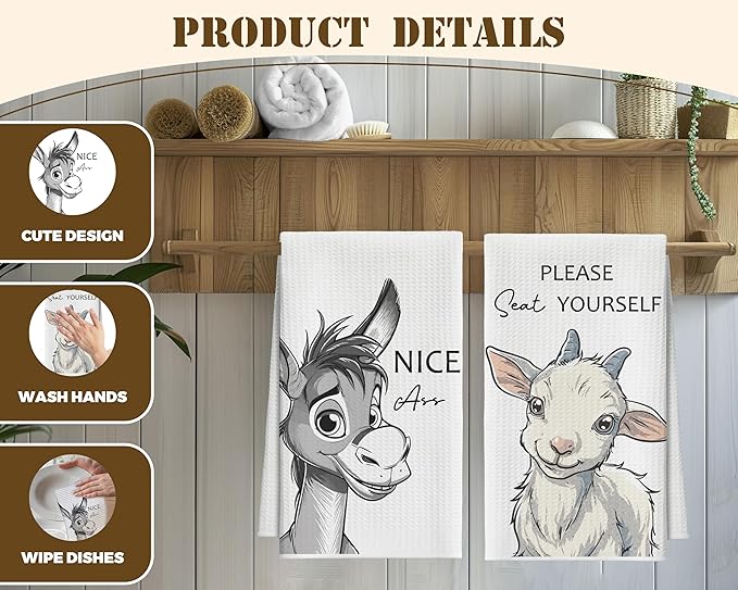 Kitchen Towels Set of 2, Farm Animal Dish Towel for Kitchen, Donkey Sheep Bathroom Decorative Hand Towels, Fast Drying Tea Towel with Slogans, Housewarming Gifts for Women Mom -B23