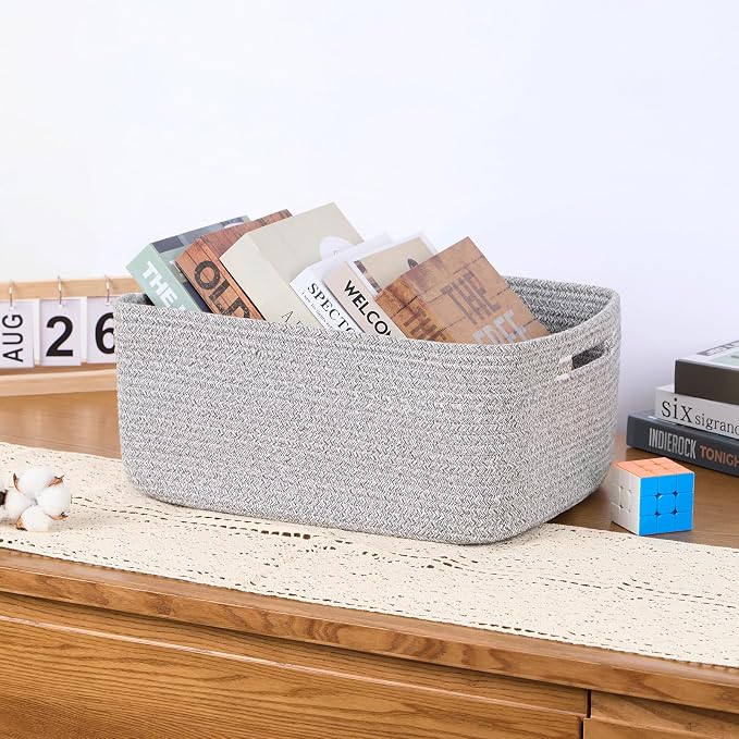 MiniArk Large Storage Baskets for Organizing, 17 x 13 x 7.5” Closet Shelf Baskets for Clothes Blanket Towels, Baby Nursery, Toy Bins Box, Woven Rope Baskets, 4 Packs Mixed Grey
