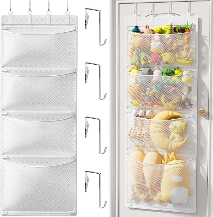 Stuffed Animal Storage, Over the Door Organizer with 4 Mesh Pockets, Toy Organizers and Storage for Nursery, Baby Supplies, Hanging Door Organizer for Kids Room & Playroom Organization, White