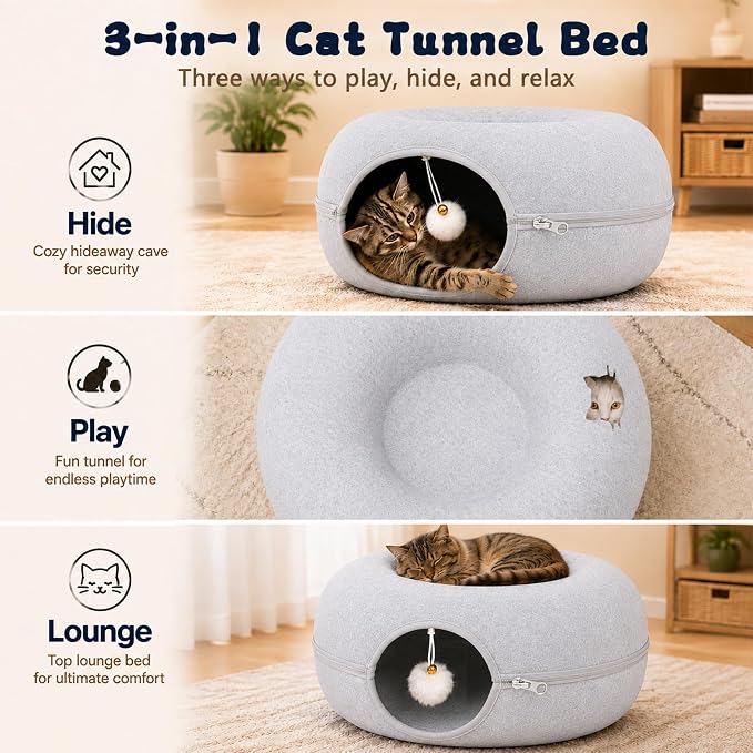 Felt Cat Tunnel for Large Indoor Cats, 24" x 24" x 12" Peekaboo Cave Bed | Light Grey 24" x 24" x 12" sturdy 1300g felt cave with 7" entrance, rear peek hole, large zipper and hanging ball.