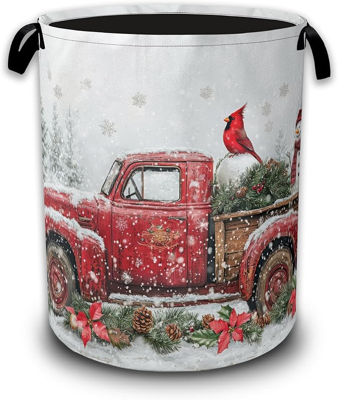 Laundry Basket Merry Christmas Collapsible Laundry Baskets Waterproof Oxford Cloth With Handles,Red Truck Laundry Hamper Clothes Storage Bucket Toy Organizer for Bathroom/Nursery/Bedroom 16" x 20.8"