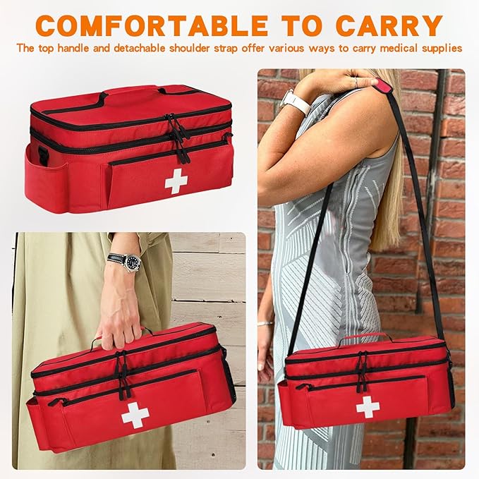 Boczif First Aid Bag Empty, Emergency Kit Bag(Red with shoulder strap) | Pill Bottle for Emergency Trauma Medical Kits Supplies Waterproof, Ideal for Home, Travel, Outdoor