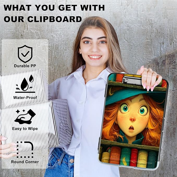 A4 Clipboard with Storage Pen Holder, Clipboards Organizer Nursing Clipboard Foldable File Folder Plastic Clipboard Folio Clip Board for Office Work Classroom Doctor, Colorful Book Girl