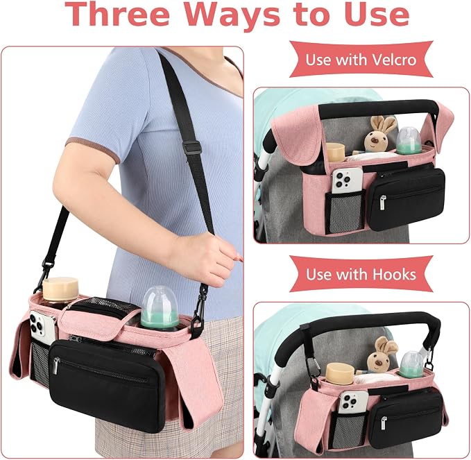 Accmor Universal Stroller Organizer with Insulated Cup Holder Detachable Phone Bag and Shoulder Strap,Stroller Bag Caddy Organizer for Uppababy, Baby Jogger, Britax Strollers
