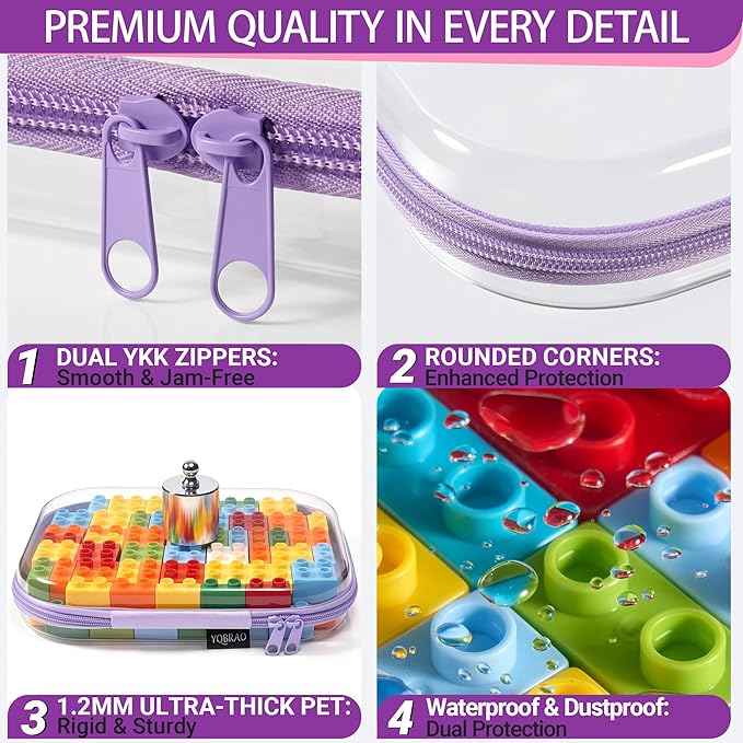 YQBRAO Clear Hard Shell Zipper Cases, 4 Medium Makeup Organizers, Purple | Rigid 1.2 mm PET and YKK dual zippers for skincare, toiletries, chargers, notebooks and daily essentials
