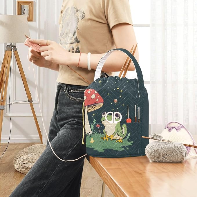 Fustylead Cute Frog and Red Mushroom Butterfly Knitting Crochet Bag, Portable Large Yarn Storage Drawstring Basket Organizer for Crocheting Hooks, Project, Store Skein Ball, Short Knitting Needle
