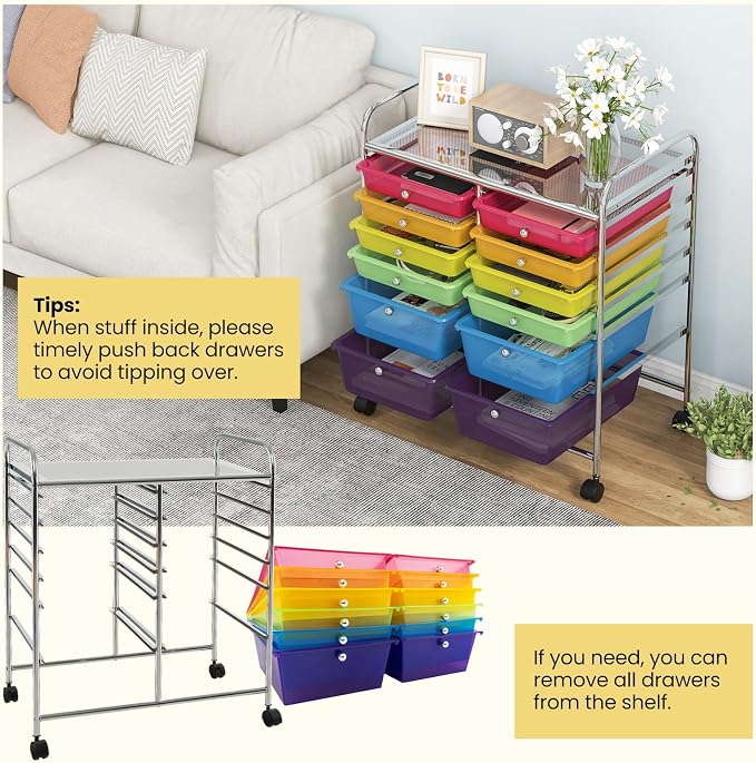 12 Drawer Rolling Storage Cart, Art Cart Organizer on Wheels, Mobile Utility Cart with Drawers, Multipurpose Craft Drawers for Home Office School Classroom (Rainbow)