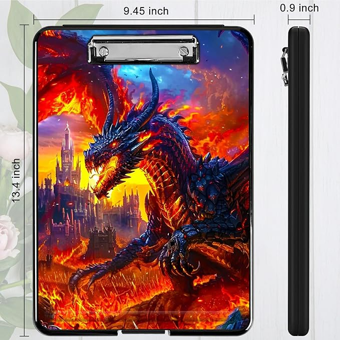 Castle Flaming Dragon A4 Clipboard with Storage Pen Holder, Clipboards Organizer Nursing Clipboard Foldable File Folder Plastic Clipboard Folio Clip Board for Office Students Classroom