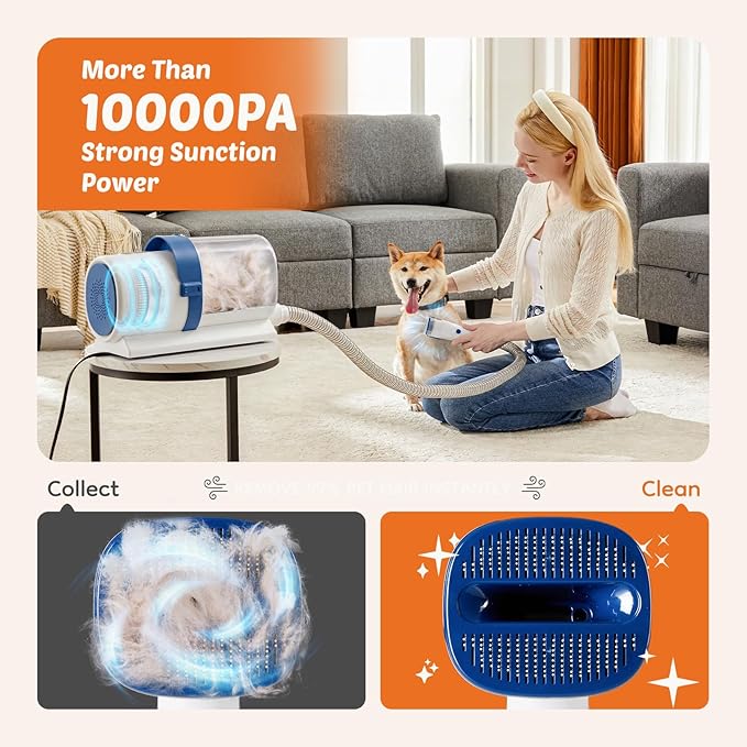 Sweetcrispy 2.5L Cup Professional Pet Grooming Vacuum Kit, 3 Suction Modes and 5 Groomer Tools with Cordless Low Noise Dog Clippers for Cats, Other Animals Hair Trimmer, White-Blue