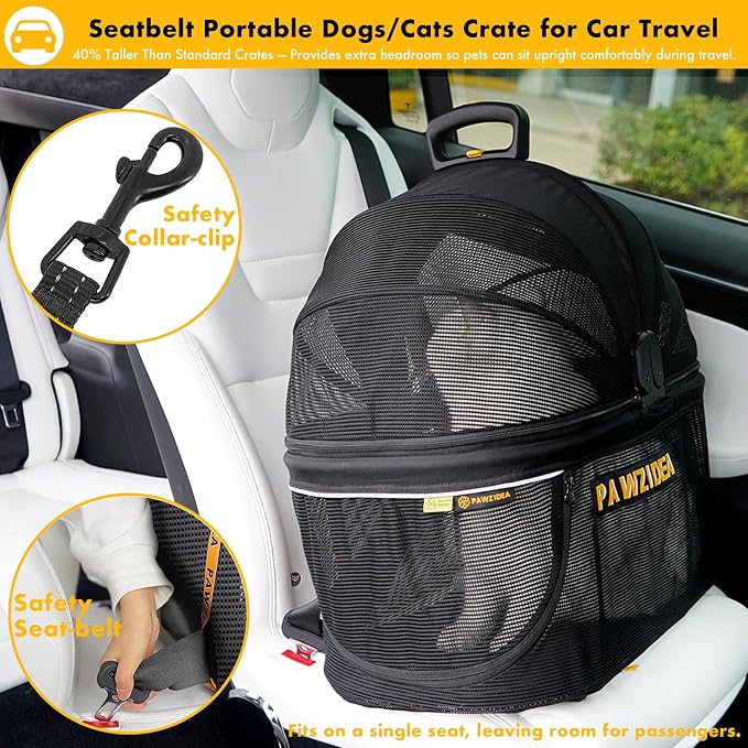 PAWZIDEA Portable Small Dog Crate for Car Travel Up to 33lbs, No-Zip Canopy | Enclosed Dog Car Seat Escape-Proof, Soft-Sided Small Medium Puppy Cats Car Kennel, Foldable Pet Carrier by Seatbelt, Top-Load