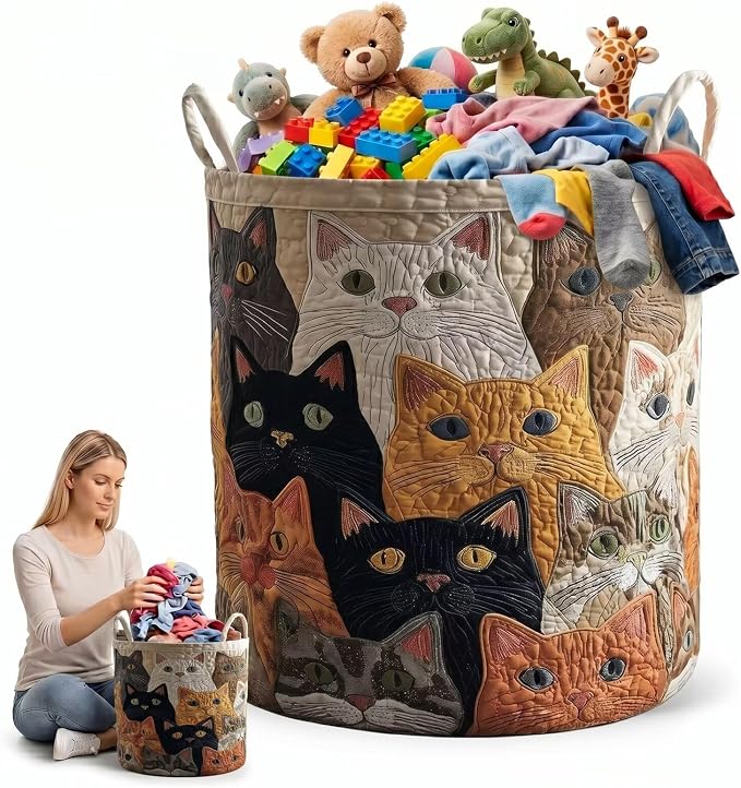 Entryway Shoe Storage Bin, Quilted Oxford Cloth Basket with Handles, Foldable Laundry Hamper for Slippers & Boots(16" x 22")