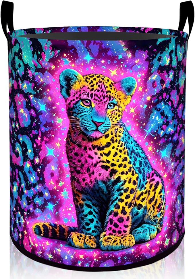 Neon Leopard Laundry Basket, Vibrant Colorful Wild Cat Oxford Cloth Dirty Clothes Collapsible Hamper for Room Decor, Jungle Gifts, Toy Organizer 19.7 x 15.7 Inches for Bedroom Bathroom Dorm