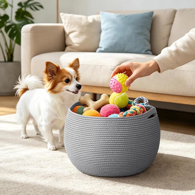 Goodpick Large Toy Storage Basket for Kids, Round, 15.7" x 10.5", Grey | Woven Rope Basket with Handles, Holds Blankets, Toys & Baby Shower, Decorative Basket for Living Room & Bedroom Décor